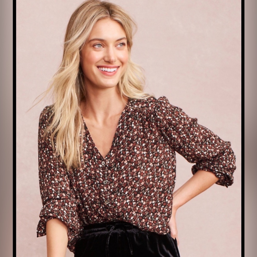 Garnet Hill Clio Button-Up Blouse Floral Black Sz 8